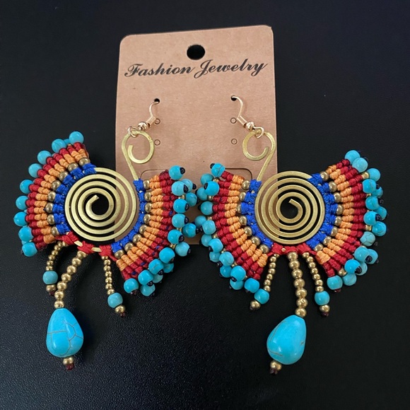 NEW Turquoise, Red, Orange, Colorful Earrings Made with Beads, String, and Metal - Picture 2 of 4